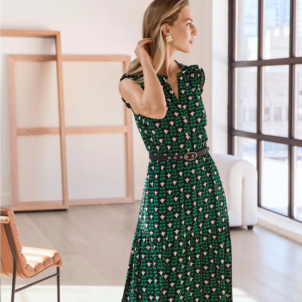 Ann Taylor Floral Tile Ruffle Belted Flare Dress